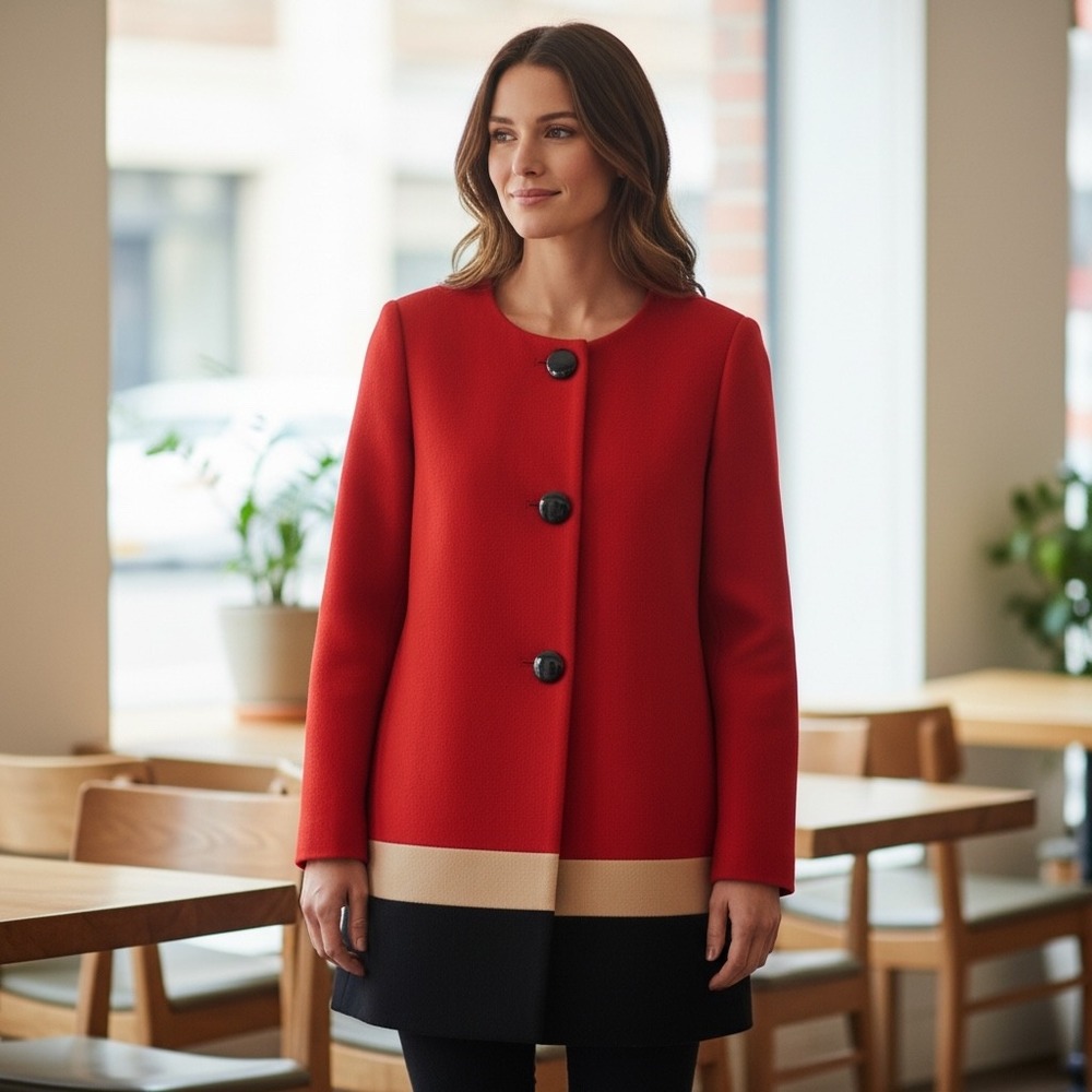 Kate Spade Red Colorblock Wool Coat Size 4 Mod Button Front Preppy Designer Chic